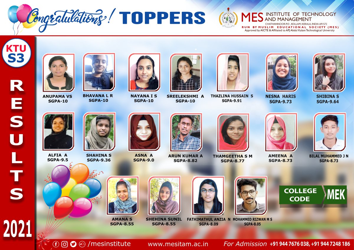MesInstitute's tweet photo. #mesitamchathannoor #meskollam #meskerala #toppers #s3results #btech 
KTU S3 RESULTS 2021 https://t.co/ATK4niQhq2
