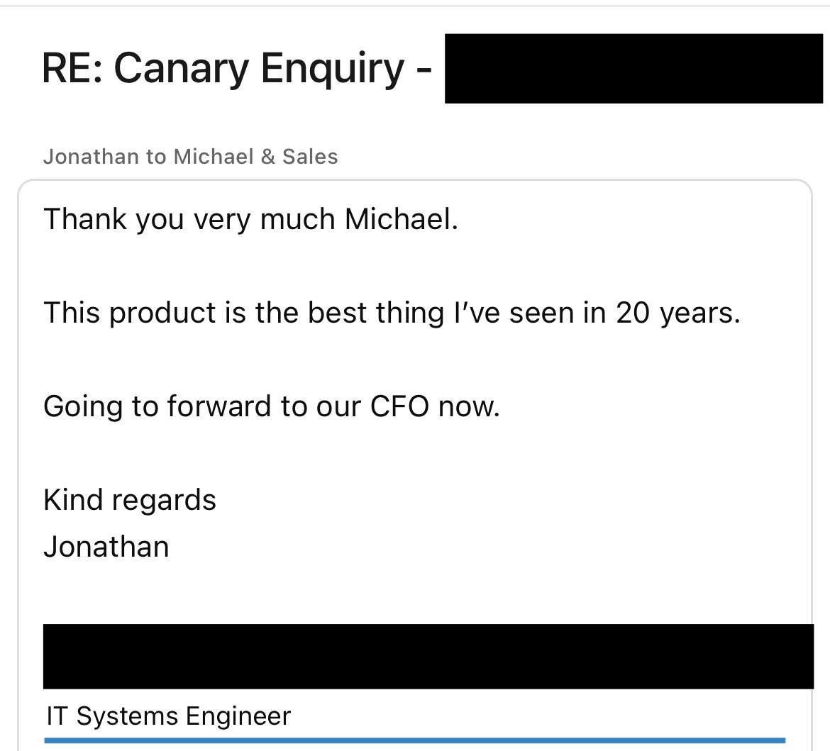 RT <a href="/ThinkstCanary/">Thinkst Canary</a>: “This product is the best thing I’ve seen in 20 years.”

✊️💚    Great feedback from where it counts most .. the customer.