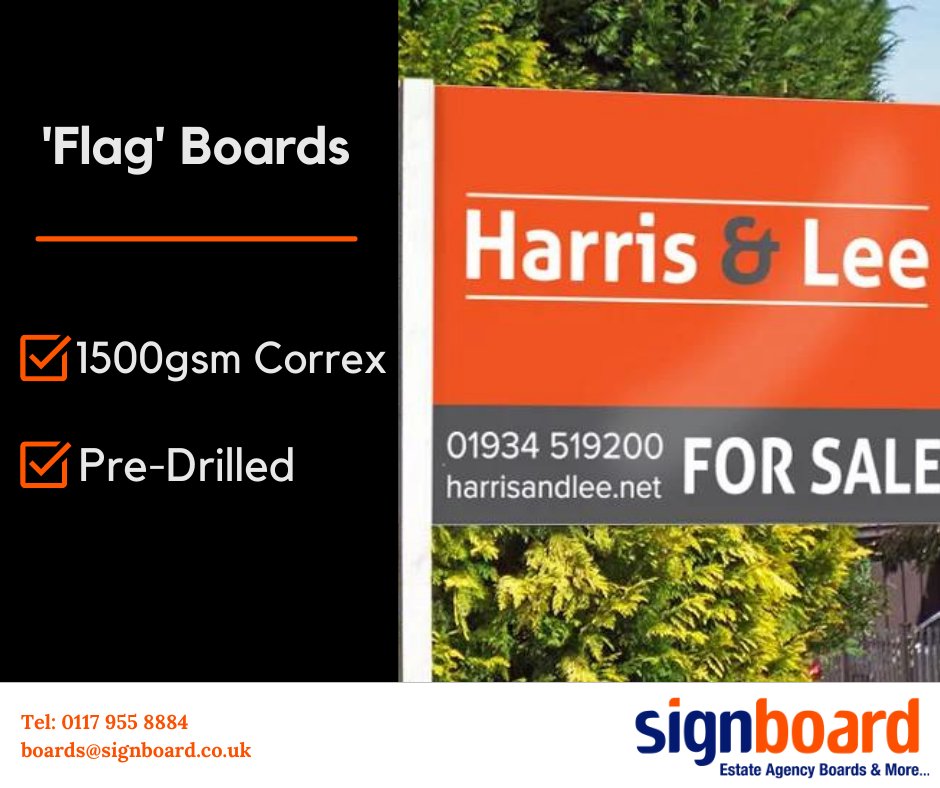SignboardUk's tweet photo. Our estate agent Flag boards are manufactured from specially made 6mm heavy weight
1500 gsm Correx® panels.

Pre-drilled to suit your posts &amp; slips.

Our Flag boards are delivered ready for erection. https://t.co/jlnRBoYBk2