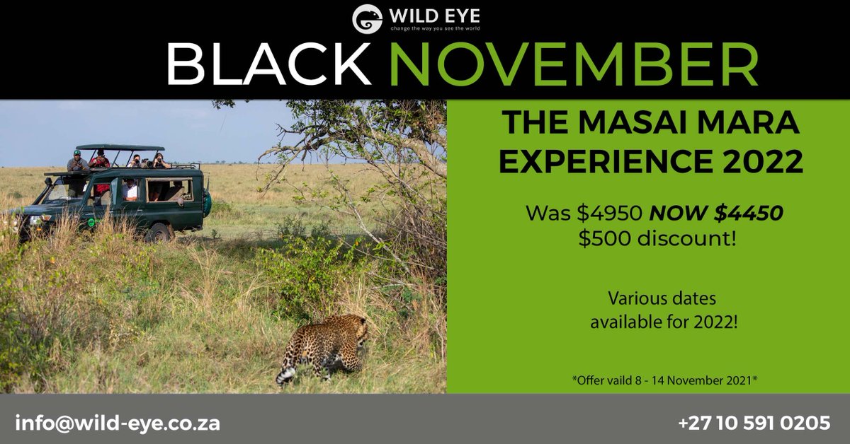 One of this week’s Black November specials - The Masai Mara Experience 2022!

Book your Masai Mara Experience for 2022 this week and save $500!

replug.link/adf5e840

#Travel #BlackFriday #BlackNovember #Specials #Safari #Africa #SouthAfrica #MasaiMara #Savings #TravelAfrica