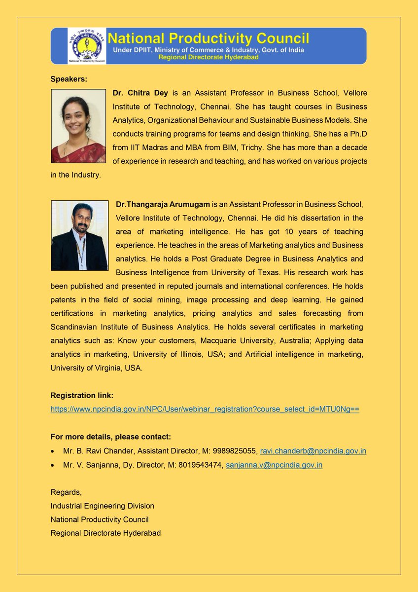 Online Workshop on"Transformation to Data Driven Decision Making"
Register Now:-npcindia.gov.in/NPC/User/webin…
Contact:-9989825055, ravi.chanderb@npcindia.gov.in
M: 8019543474, sanjanna.v@npcindia.gov.in
Date:-08/11/2021-02/12/2021
Fee:-Rs.3540/-
#Transformation #Data #Driven #Decision