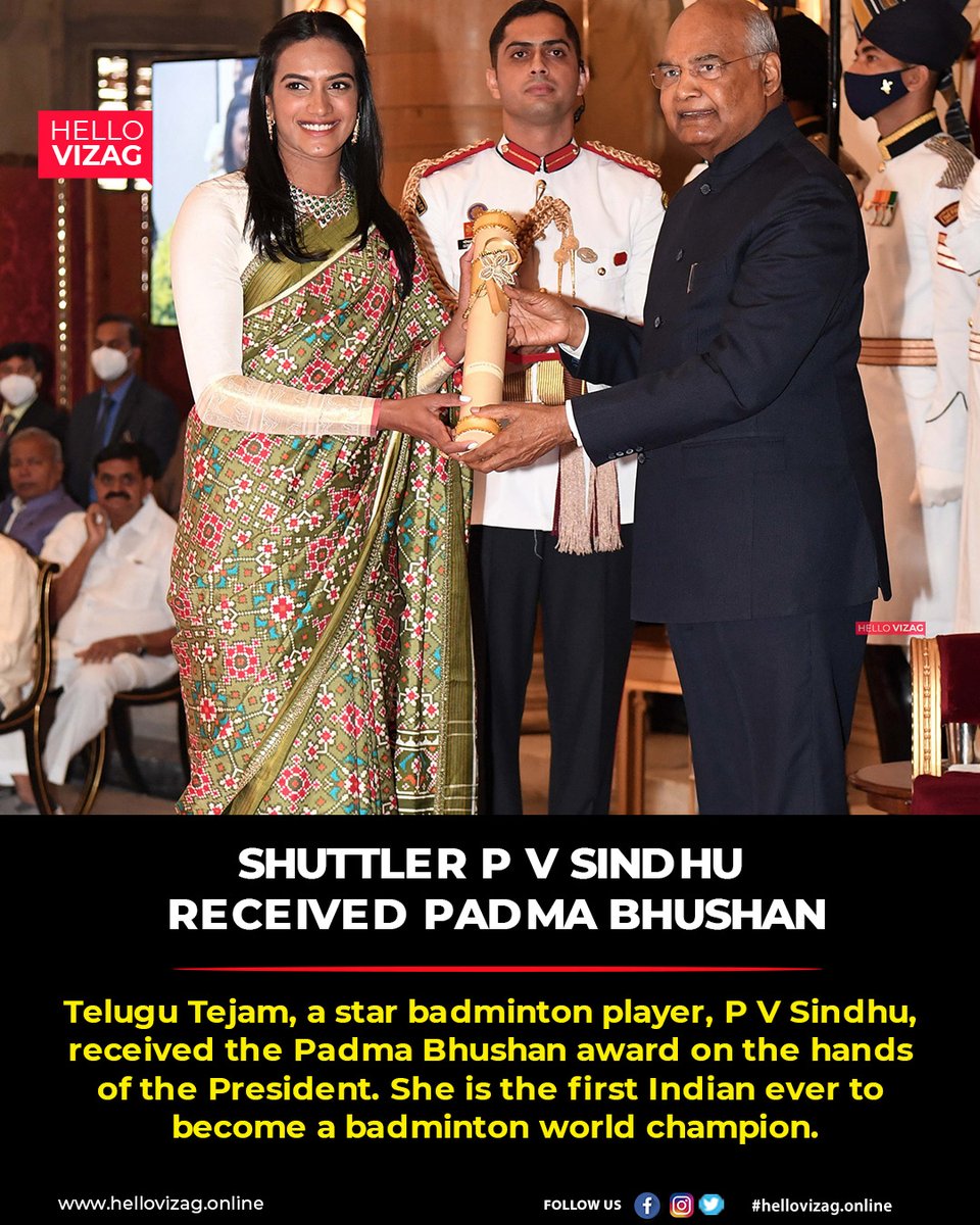 HelloVizag's tweet photo. Congrats Telugu Champ
.
.
.
#PVSindhu #PadmaBhushan #award #President #badminton #AndhraPradesh #latestnewsvizag #visakhapatnam #visakhapatnamnews #vizagtrends #news #hellovizagmagazine #vizagstories #vizagmagazine #HelloTips @Pvsindhu1 @UttarandhraNow https://t.co/6sPFZmJW0W