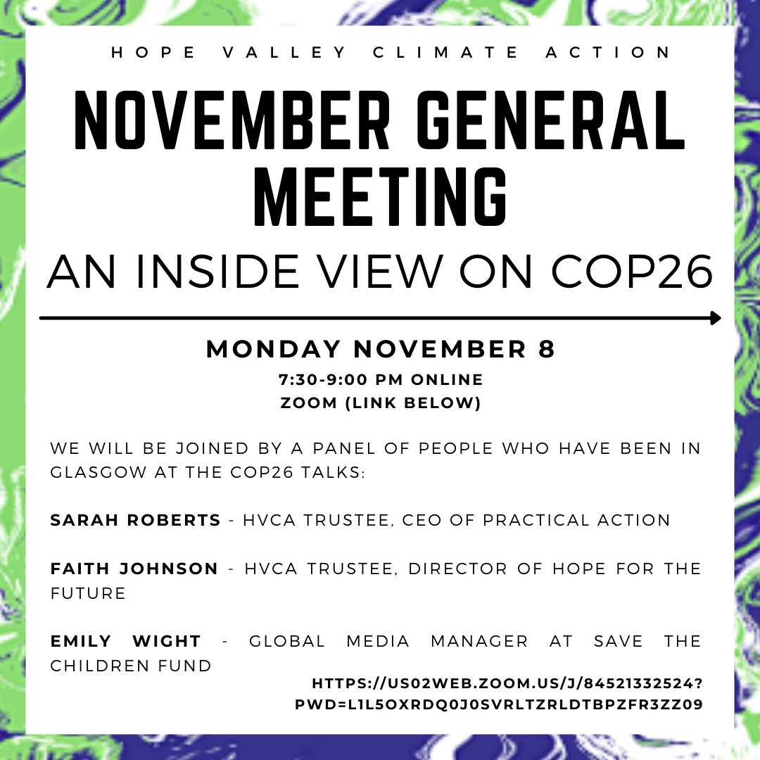 HopeClimate's tweet image. Our November general meeting is tonight! Zoom, 7:30-9pm. Tonight we will get an inside view on #COP26 from  three speakers. Don't miss it!