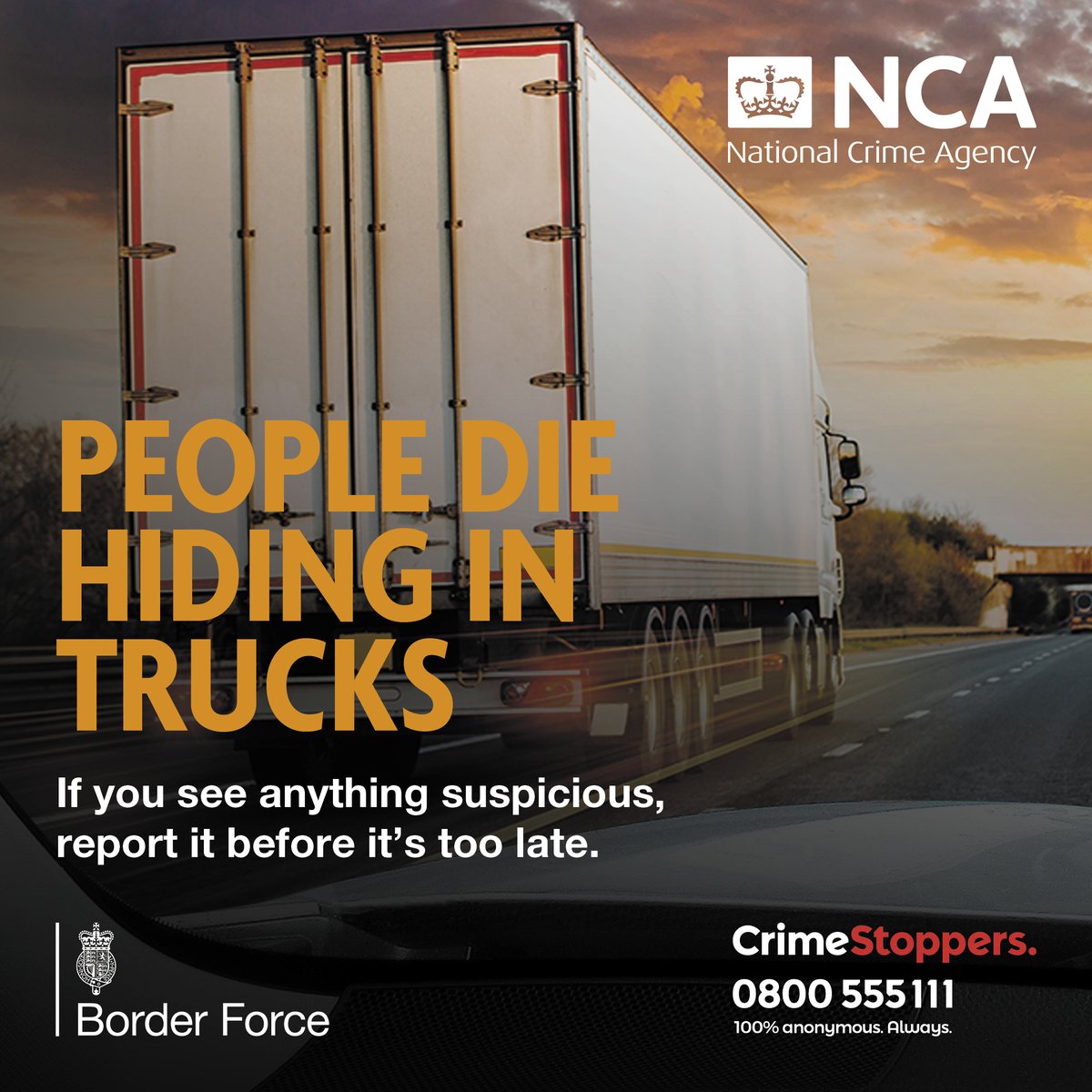NCA_UK's tweet photo. Can you spot the signs? Vulnerable people are dangerously smuggled into the UK by organised criminals to turn a profit.

Suspicious activity around trailers and the changing of number plates are some examples of the signs of people smuggling.

Report now➡️https://t.co/5qatBscNrp https://t.co/Xm0wpOpM3s