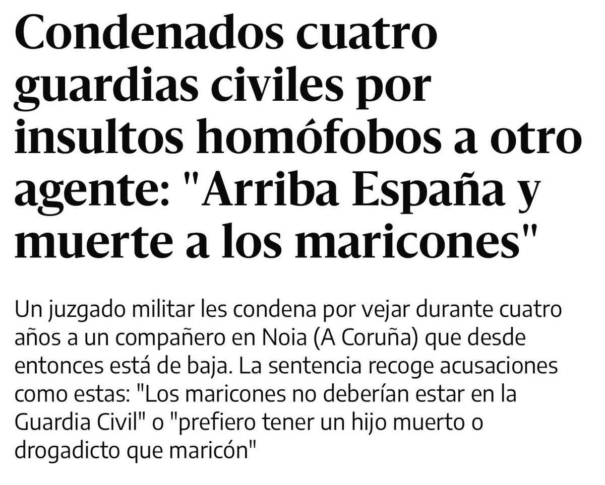 Otto_Mas's tweet photo. Estos "patriotas" estuvieron 4 años machacando a un compañero diciéndole "los maric*nes no deberían estar en la Guardia Civil", "arriba España y muerte a los maric*nes" o "prefiero tener un hijo muerto o drogadicto que maric*n".

Le dieron la baja por ansiedad y trastorno severo. https://t.co/a5eaJtWhZs
