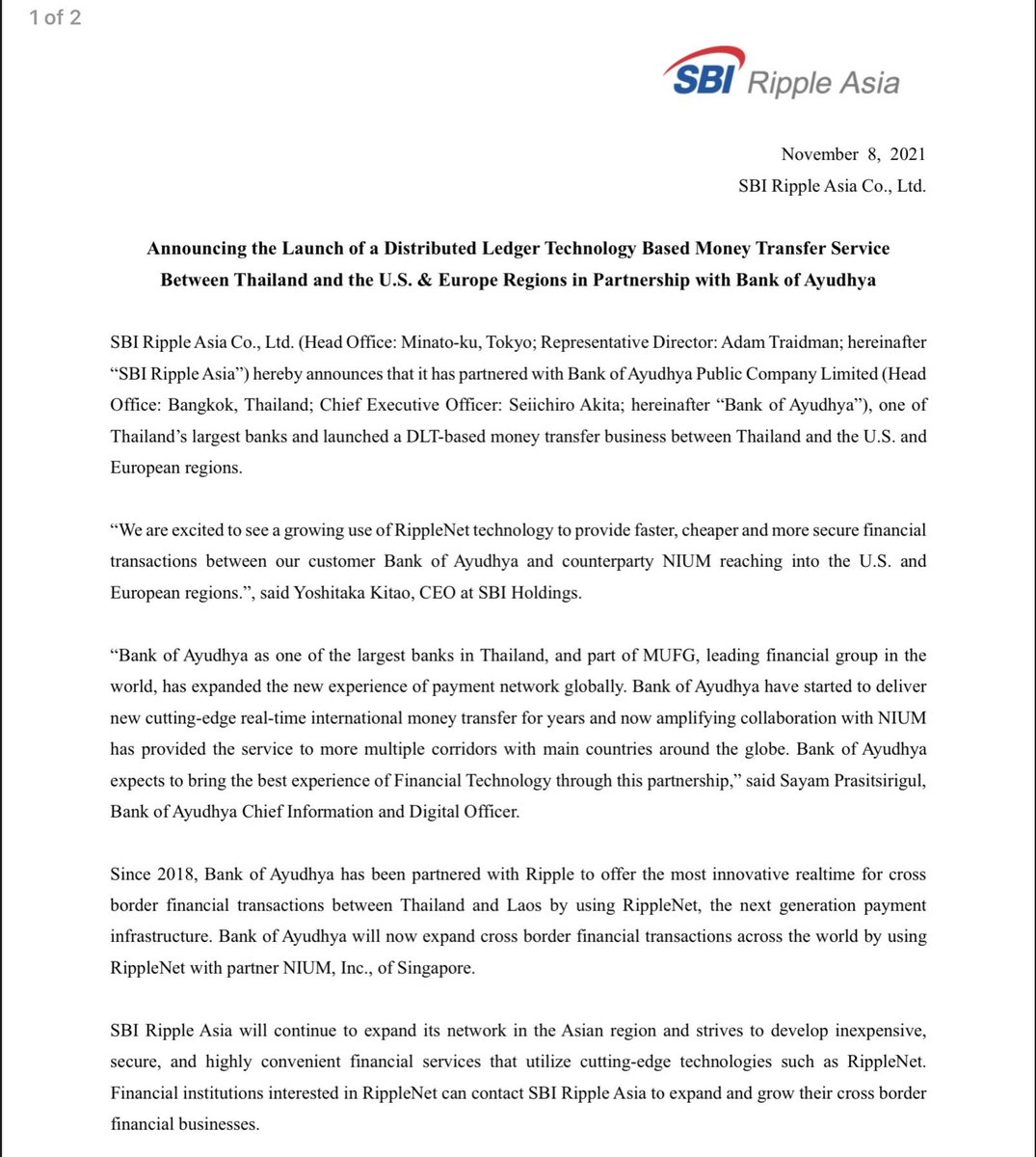 russian_crypto's tweet photo. SBI @Ripple  Азия запустила услугу денежных переводов на основе DLT между Таиландом и регионами США и Европы в партнерстве с Bank of Ayudhya.

#ripple #crypro #криптовалюта https://t.co/EkF4l0ikLj