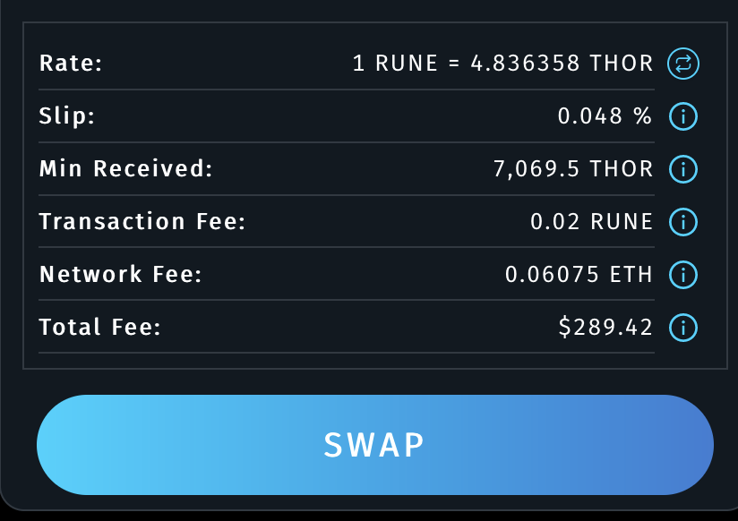 kwyrobek's tweet photo. @JaneDButterfly Looks great... The only problem is gas fee... Ekhm, ekhm... 289$ for swapping RUNE->THOR ?! https://t.co/aDn67qqo4e
