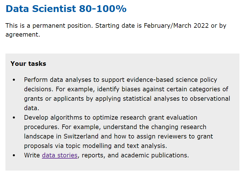 We're looking for a new Data Scientist (80-100%) in our team at the @snsf_ch! If interested, apply here: recruitingapp-2829.umantis.com/Vacancies/645/… #datascience #jobs #researchonresearch