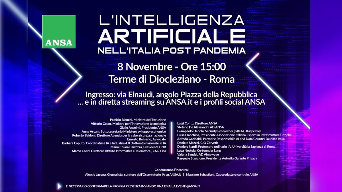 IITCNR's tweet photo. Oggi a Roma per il convegno โLโintelligenza artificiale nellโItalia post pandemiaโ di @Agenzia_Ansa con @MC_Carro Presidente @CNRsocial_ e #MarcoConti direttore @IITCNR e responsabile scientifico dottorato #AI. Streaming sul sito https://t.co/izJdLuwWme. https://t.co/DU2pLJtixu