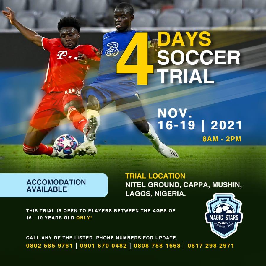 FisayoDairo's tweet photo. Magic Stars FC is planning a 4-day football trials for rated talents in Lagos and environs starting from next week.
It is for players under the age of 19. This is in conjunction with Sports Flames.
#MagicStarsFootballTrials
#SportflamesCommunications https://t.co/kT99NGUKGq