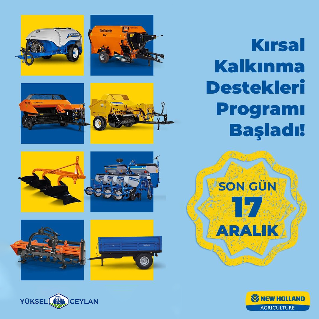 YC_traktor's tweet photo. Kırsal Kalkınma Destekleri Programı kapsamında yer alan New Holland ve TürkTraktör ekipmanlarında hibe desteği başladı!

Siz de bu programdan faydalanmak ve program hakkında detaylı bilgi almak için size en yakın New Holland bayisini ziyaret etmeyi unutmayın!
Son gün 17 Aralık! https://t.co/QRUZOuZ7Pg