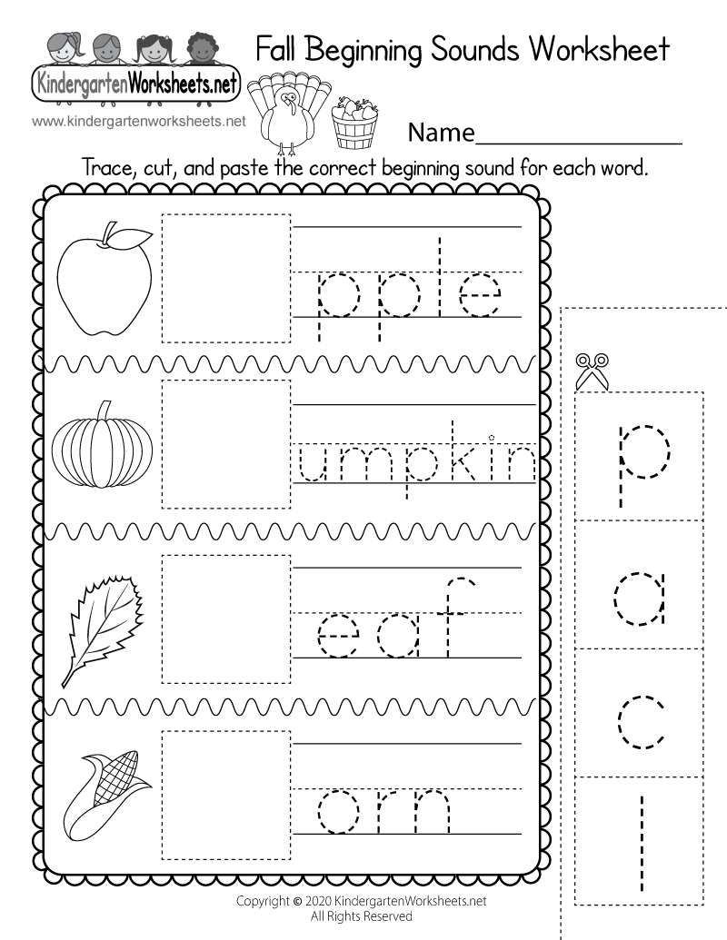 kindergarten wsheets on twitter in this free kindergarten worksheet kids are asked to cut and paste the correct beginning sound for each fall related word and then trace the letters you can download