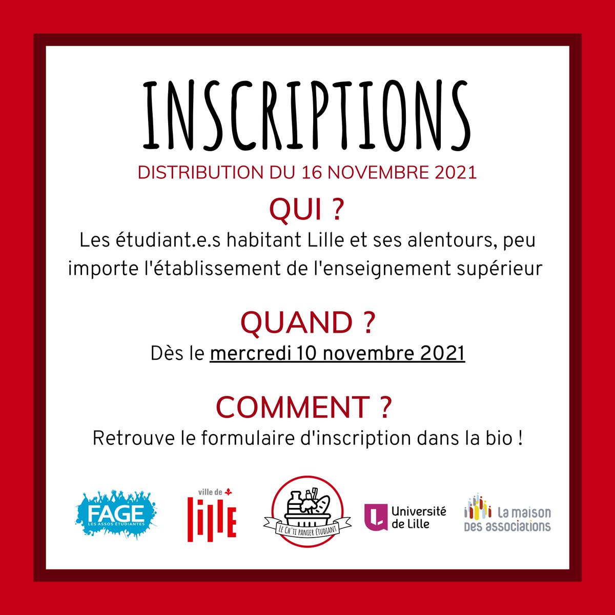 LeChtiPanier's tweet photo. ‼️ Inscriptions pour la distribution du 16 novembre 2021
 
🧺 Pour bénéficier d’un Ch’ti Panier, devenir bénévole ou faire un don  : https://t.co/PHiqvVKscN 
 
❤️ Merci à @la_fage, @lillefrance, @univ_lille et la MDA de Lille pour leur soutien
 
⚠️ Le nombre de paniers est limité https://t.co/3dBt4M7HYu