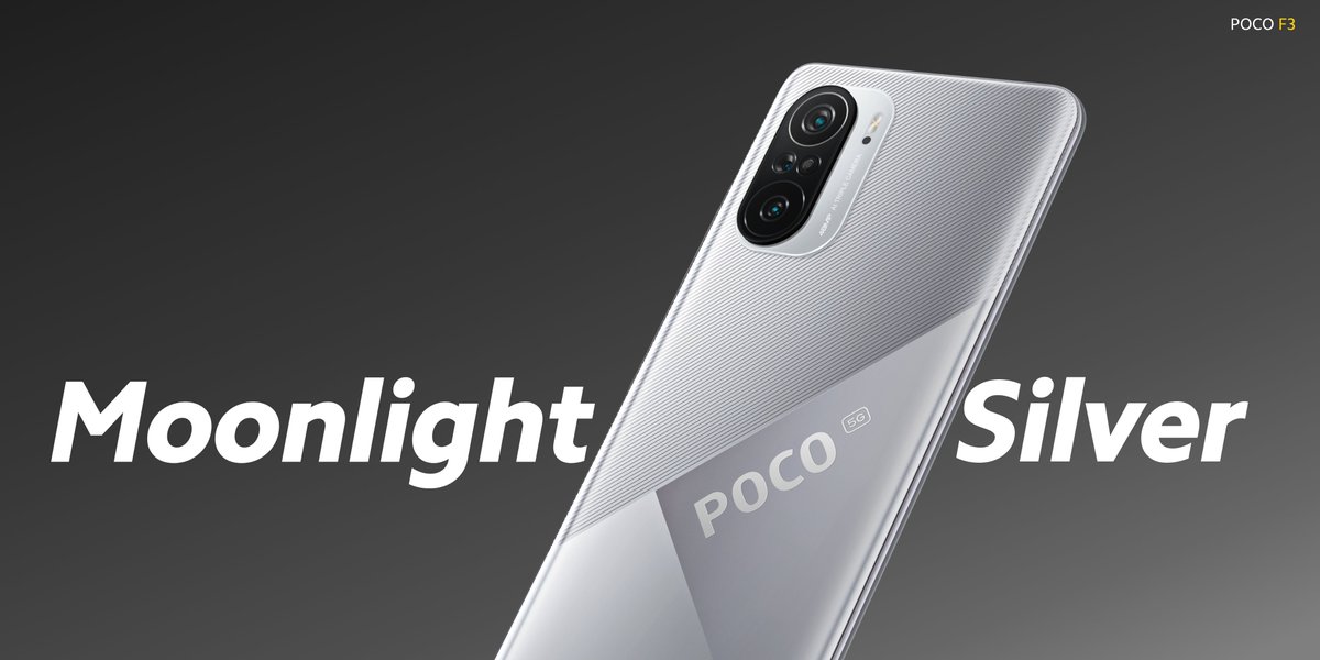 POCOGlobal's tweet photo. #TheRealBeast #POCOF3 is back! 

Now in Moonlight Silver! 

8GB + 256GB will be available on 11.11 starting 329 euros!
 
6GB + 128GB will be available on Black Friday starting 299 euros! https://t.co/1XZBa5WN8n