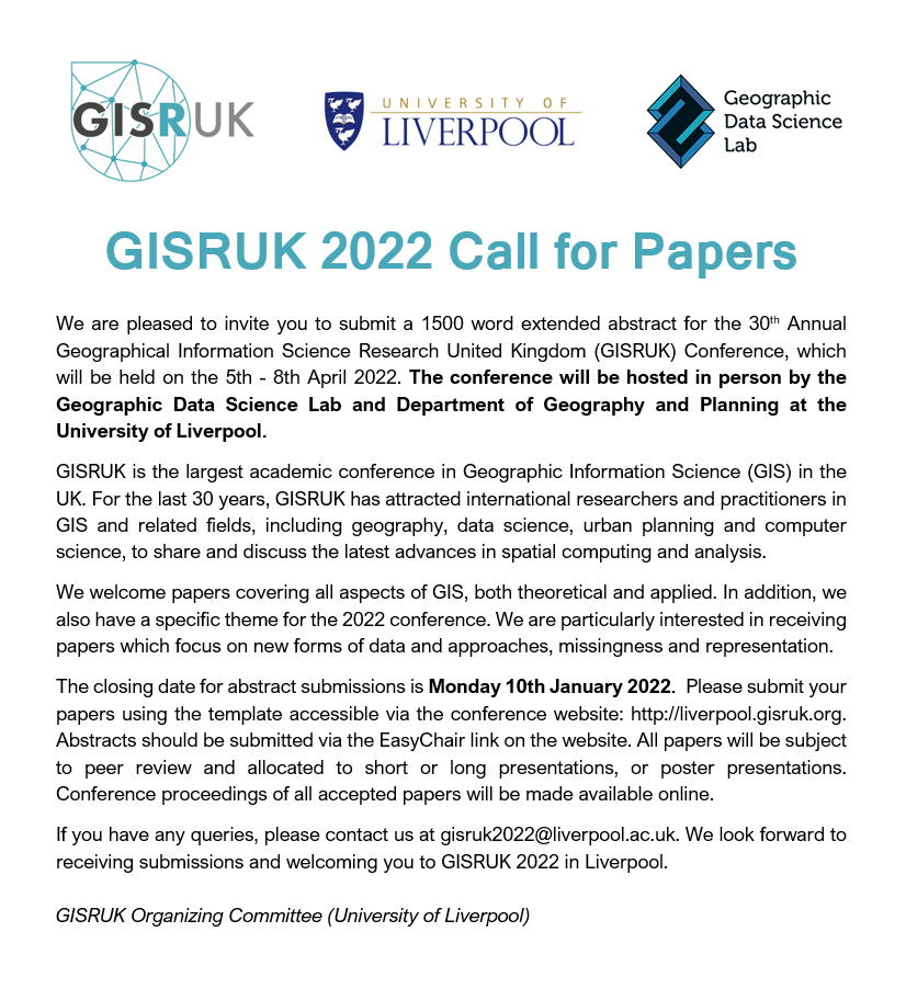 GISRUK (@gisruk) on Twitter photo We are super excited to announce the Call for Papers for #GISRUK2022 hosted by <a href="/geodatascience/">GeoDataScience</a> <a href="/livunigeog/">livunigeog</a> 🥳🌍 1500 word abstracts are due by 10th January. Please spread the word! liverpool.gisruk.org/call-for-paper… We are super excited to announce the Call for Papers for #GISRUK2022 hosted by <a href="/geodatascience/">GeoDataScience</a> <a href="/livunigeog/">livunigeog</a> 🥳🌍 1500 word abstracts are due by 10th January. Please spread the word! liverpool.gisruk.org/call-for-paper…