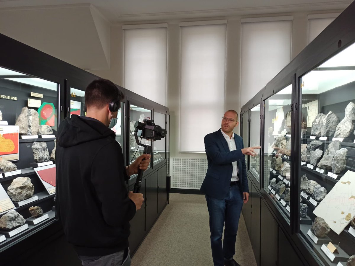 CritProductions's tweet photo. How do #silver deposits form? 🎥Filming a geological walkthrough with Matthias Burisch and the $EXN team at #TUBAF mineralogical museum #Saxony https://t.co/Pnhd0CDnA4