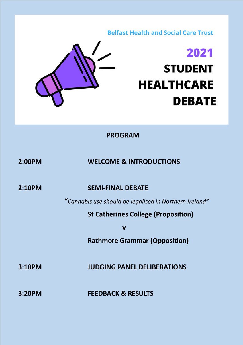 Belfast Trust Medical Education (@belfastmeded) on Twitter photo BHSCT Student healthcare Semi-Final debate takes place today via MS TEAMS with <a href="/stcatherines247/">stcatherinesarmagh</a> v <a href="/rathmoretweets/">Rathmore Grammar</a> on the topic "Cannabis use should be legalised in Northern Ireland" GOOD LUCK to both teams BHSCT Student healthcare Semi-Final debate takes place today via MS TEAMS with <a href="/stcatherines247/">stcatherinesarmagh</a> v <a href="/rathmoretweets/">Rathmore Grammar</a> on the topic "Cannabis use should be legalised in Northern Ireland" GOOD LUCK to both teams