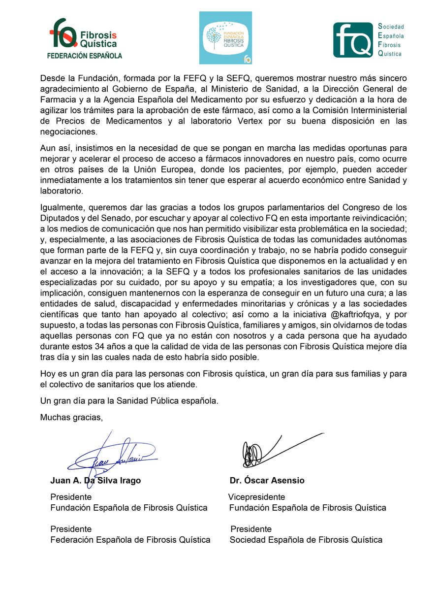 📣 Hoy es un día histórico para la Fibrosis Quística en nuestro país. El acceso al medicamento Kaftrio va a suponer un antes y un después para una cantidad muy importante de personas con FQ. 

🧡 Muchísimas gracias a todos.

ℹ️ fibrosisquistica.org/espana-hace-hi…