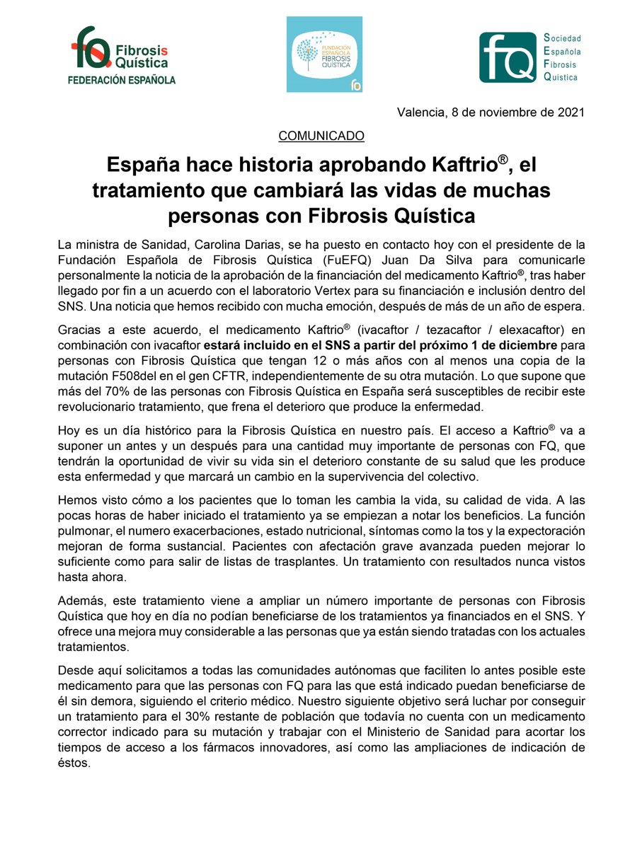 FEFQ_CFspain's tweet photo. 📣 Hoy es un día histórico para la Fibrosis Quística en nuestro país. El acceso al medicamento Kaftrio va a suponer un antes y un después para una cantidad muy importante de personas con FQ. 

🧡 Muchísimas gracias a todos.

ℹ️ https://t.co/uYWCz3POT8 https://t.co/TcHg8Ou8Om