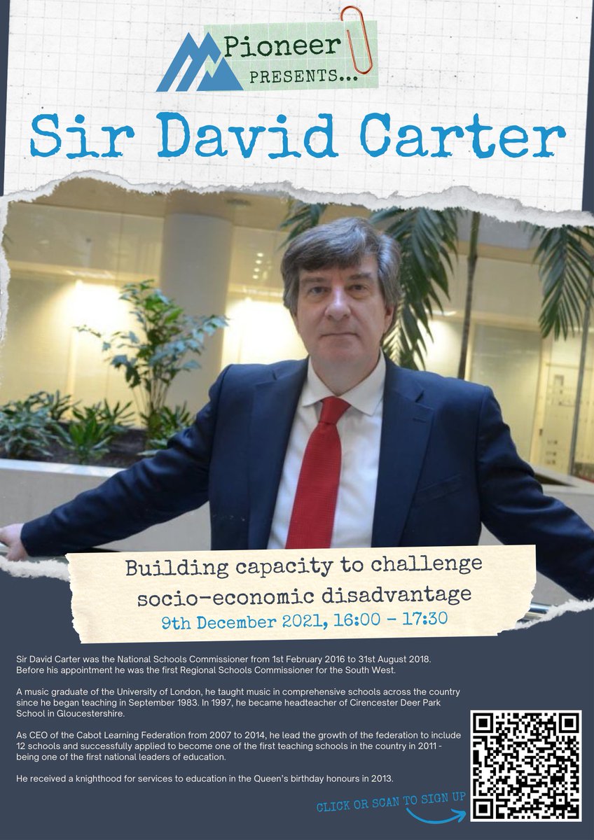 PioneerEduTrust's tweet photo. Join our next Pioneer Presents... with @Carter6D discussing how we can build capacity to challenge socio-economic disadvantage. 

A conversation not just for those in school, but for governers and trustees too! 

Be a part of the conversation here: https://t.co/OHHoIZj8tX https://t.co/0seKNulrc6
