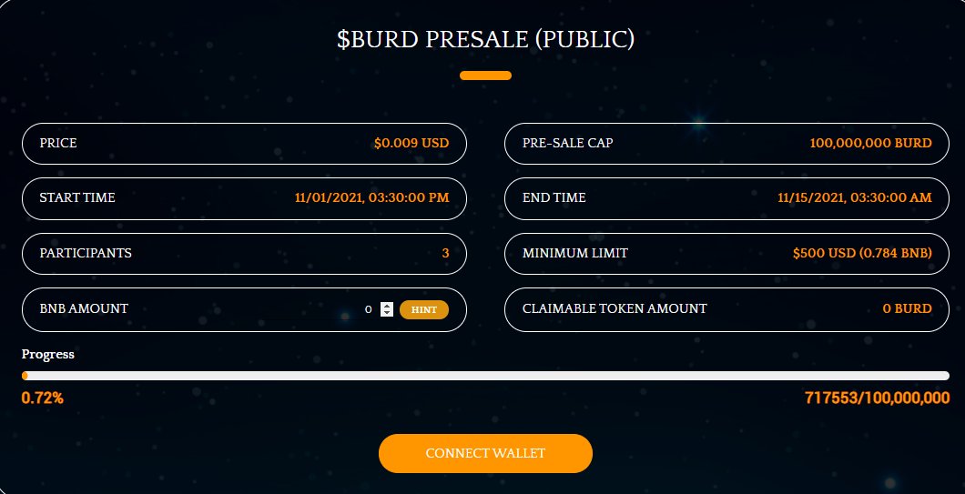 🔸tudaBirds $BURD Pre Sale Is Extended🔸

➡️Total $BURD supply: 1,000,000,000
➡️Initial Listing Price: $0.01
➡️Private pre-sale: 10%; Public pre-sale: 10%; Public sale: 10%

Minimum buy is $500

Catch the high flying birds on time🕐

#PRESALE #ICO 

sale.tudabirds.io