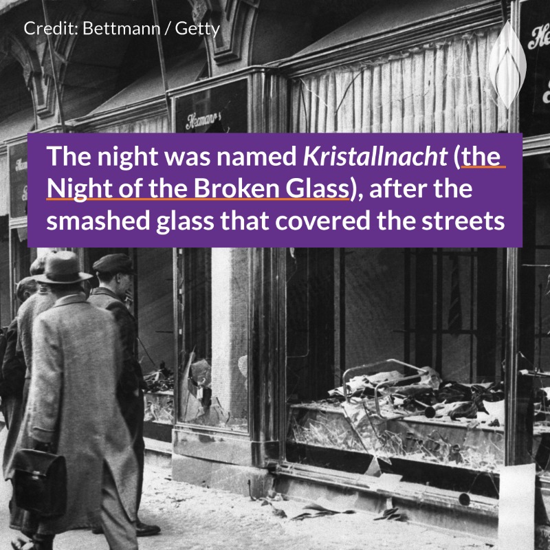 HMD_UK's tweet photo. #OnThisDay in 1938, the Nazis initiated a campaign of hatred against the Jewish population in all Nazi territories.

Swipe to learn more about #Kristallnacht (the Night of the Broken Glass). #OTD