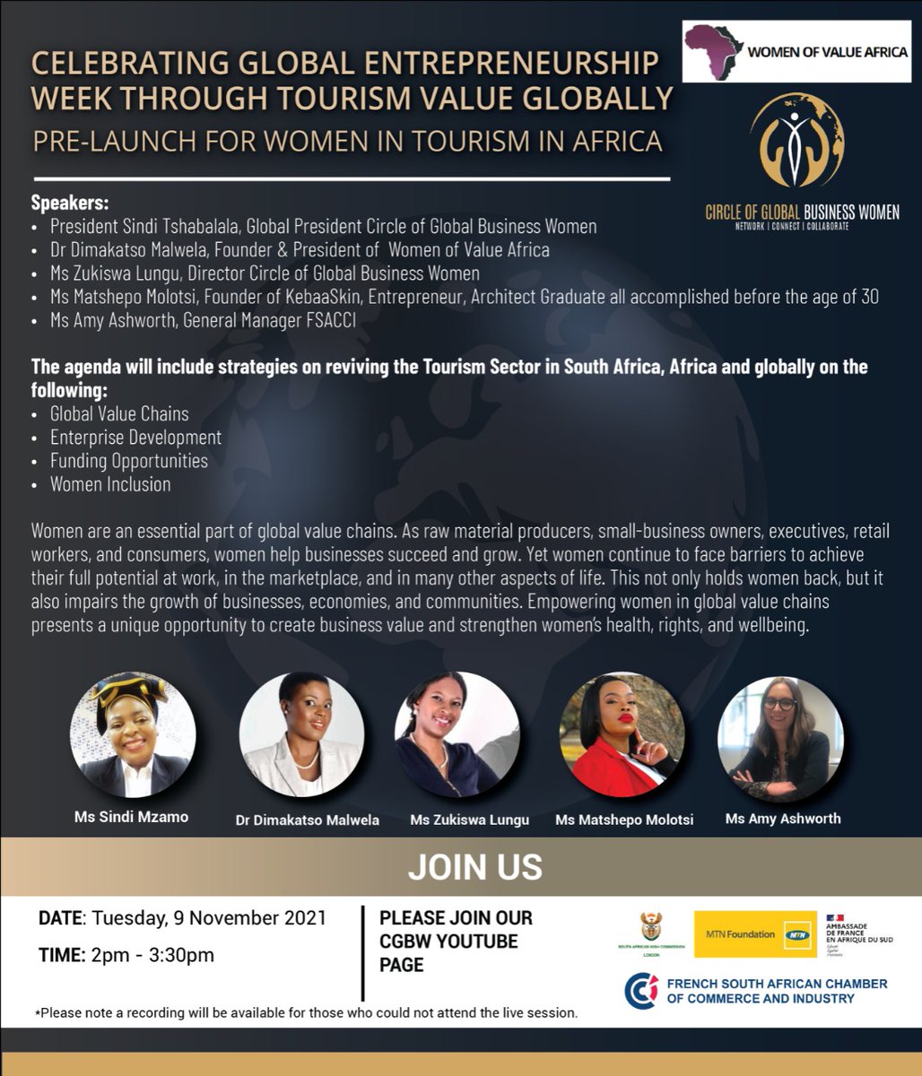 Do join us as we Celebrate global entrepreneurship week through tourism value chains globally. 09 November 14:00 PM CAT.