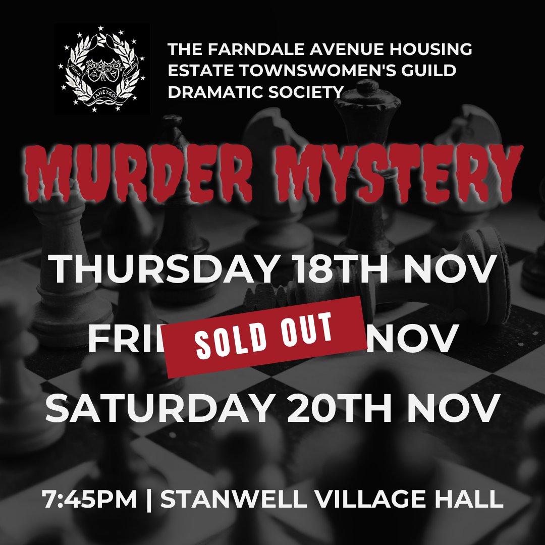 stainesplayers's tweet photo. Not long now until our upcoming performances of The Farndale Avenue Housing Estate Townswomen's Guild Dramatic Society's Murder Mystery. 

🎉 FRIDAY IS NOW SOLD OUT! 🎉
LIMITED SPACES FOR SATURDAY 

Don't forget to book your tickets today: https://t.co/WnDEb08F9j

#AmDramTheatre https://t.co/kT3u5SwWMR