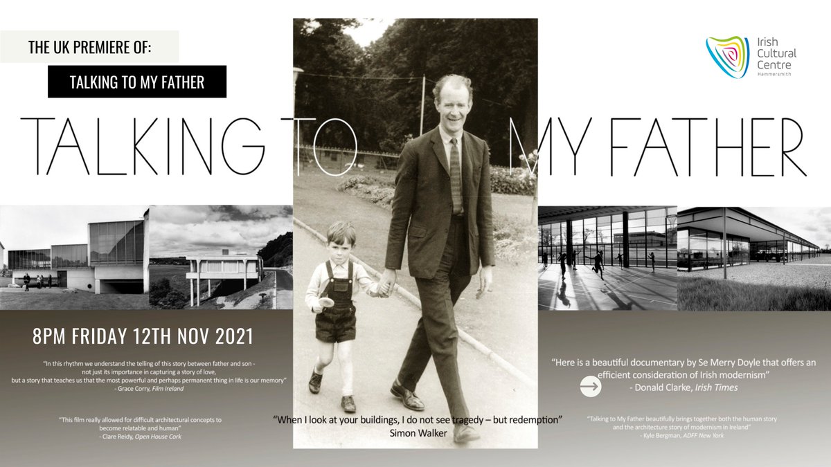 MyICCLondon's tweet photo. Our @looplinefilm weekend starts this week!📽️ The first of 3 special film screenings will be 'Talking To My Father', a feature documentary exploring two eras of #IrishArchitecture &amp; the legacy of one of its most influential architects, #RobinWalker 📐🏢 @archiseek #irisharchitect https://t.co/Aov0rGLfYU