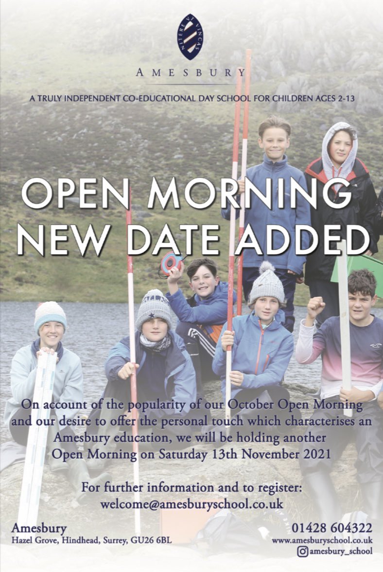 We are excited to be holding an open morning on Saturday 13th November, register here: amesburyschool.co.uk/admissions/ope… #AmesburySchool #OpenMorning #TrulyIndependent