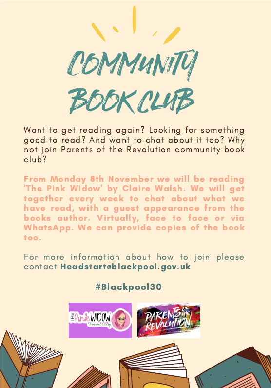 BlackpoolCopro's tweet photo. Parents of the Revolution would like to invite you to their NEW Book Club
Don't have a copy of the book? We can provide these
No time to read? That’s okay, we are only going to read a few pages a week
headstart@blackpool.gov.uk
#Blackpool30
#parentsoftherevolution https://t.co/2lUuy2qzcv
