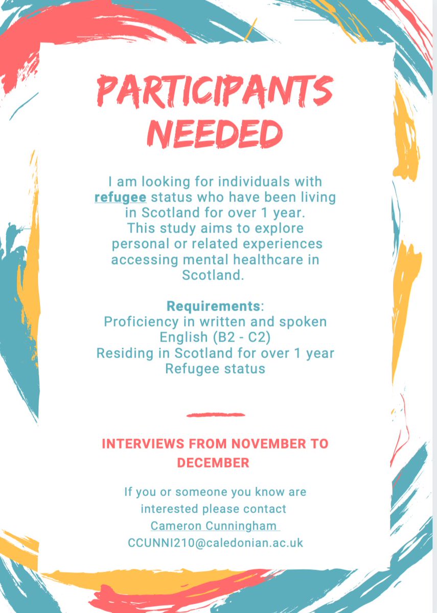 CKCunningham91's tweet image. *Recruiting participants for research* 
I am interested in learning about refugees experiences accessing mental healthcare in Scotland. If you or someone you know may be interested please get in touch! #psychology #mentalhealth  #RefugeesWelcome  #GCUpsychology