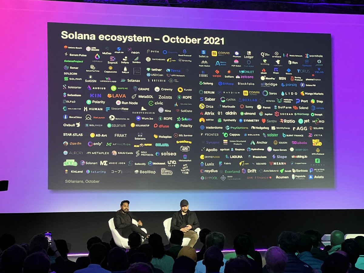 Chrismccann's tweet photo. The @solana ecosystem - growing so fast they can’t fit all of the logos on a slide anymore @rajgokal https://t.co/vwug5rE81q