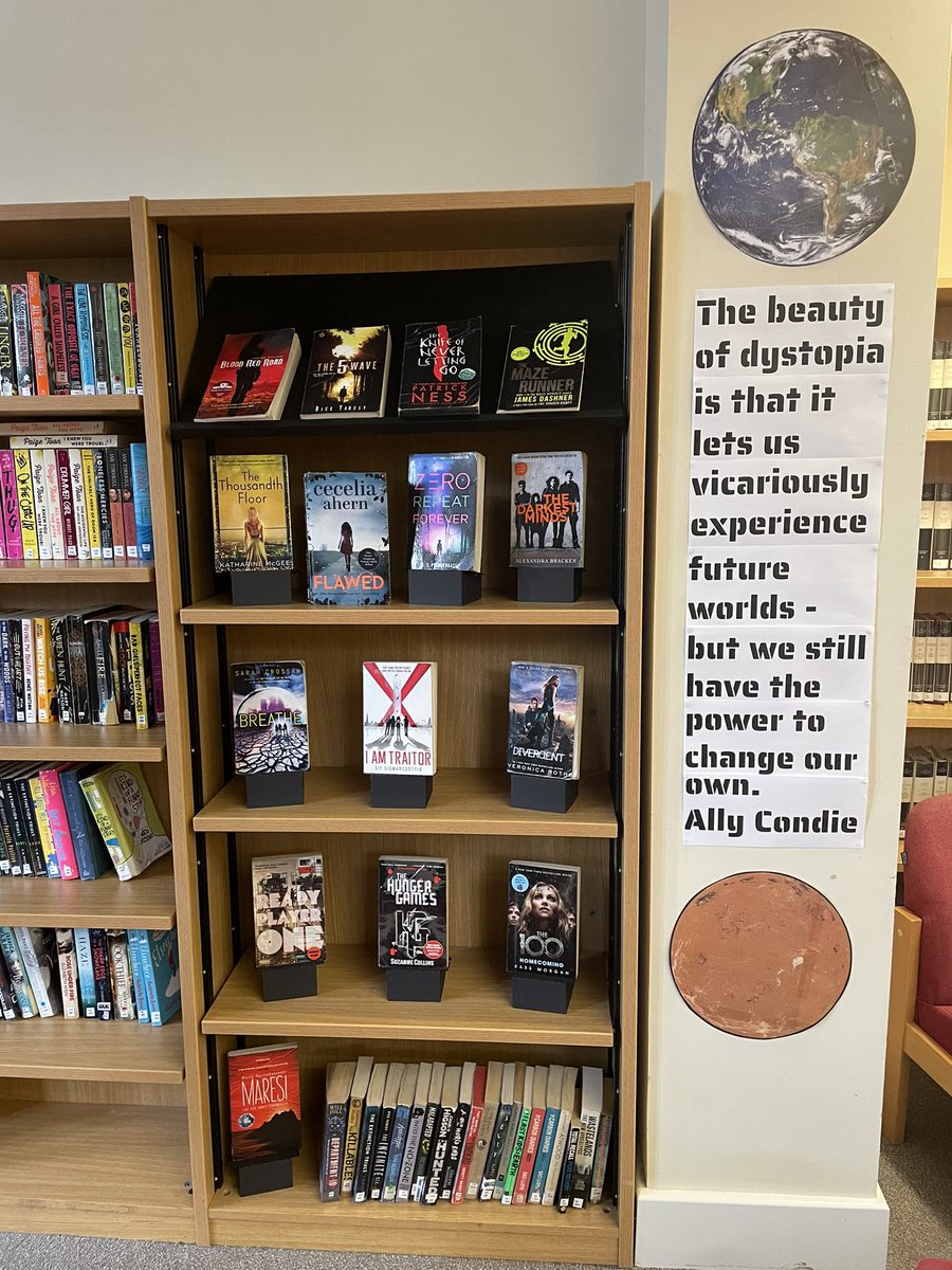TGS_CIRCLE's tweet photo. New Display Alert! In light of climate change and #COP26 here’s a dystopian book display with the perfect quote from @allycondie ! #edutwitter #schoollibrarydisplay #tgsreads https://t.co/8hahL13EnV