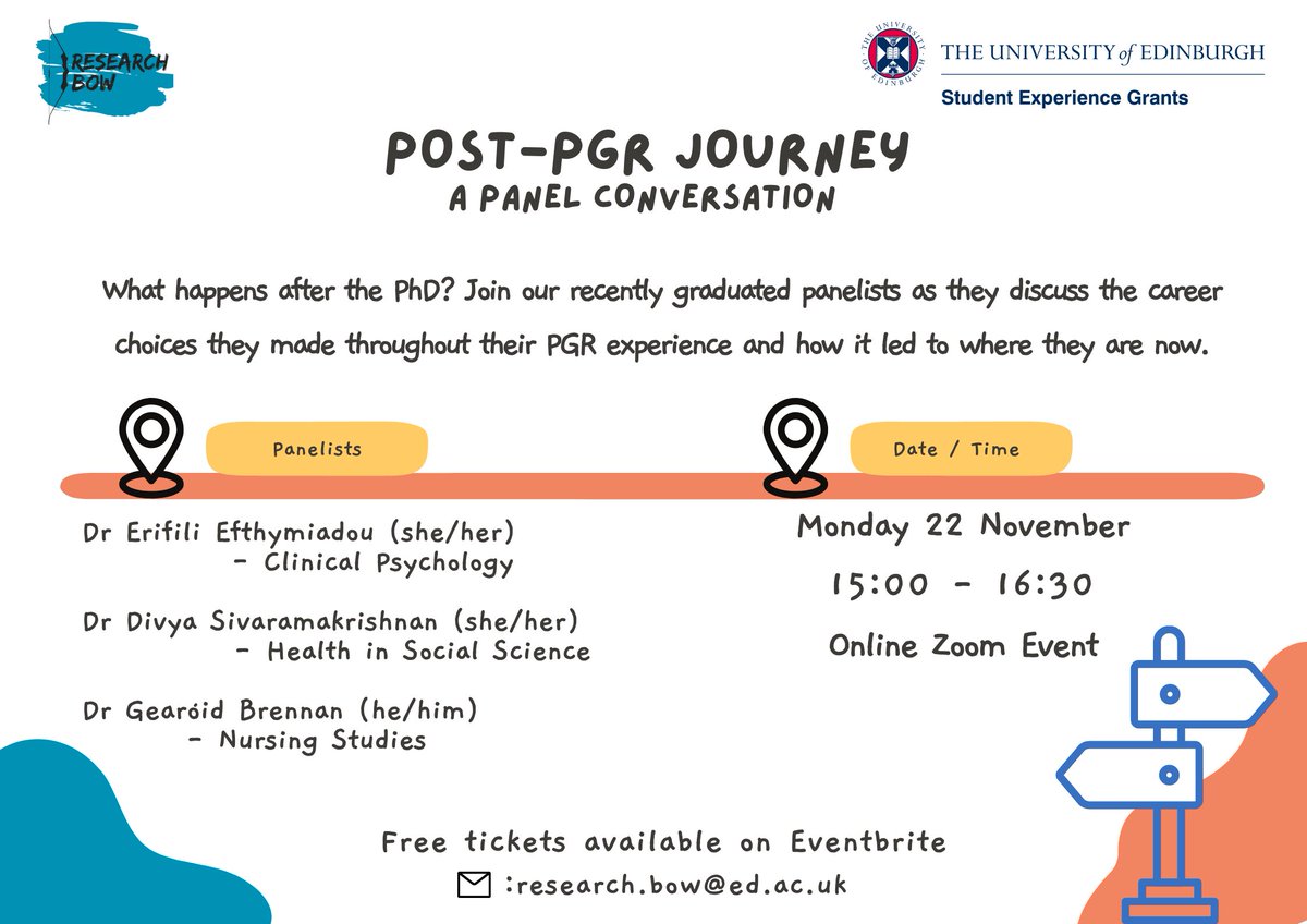 ResearchBow's tweet photo. 🧐What happens after the PhD?🎓Are you an @EdinUniHealth student?💥Join our recent graduates &amp; panelists @EErifili, @gearoidbrennan &amp; @DivyaSivaramak as they discuss their post-PGR journeys and answer to all your questions! 👉Get your free tickets here: https://t.co/EPf6MxgmP6 https://t.co/AOwaPNmElf