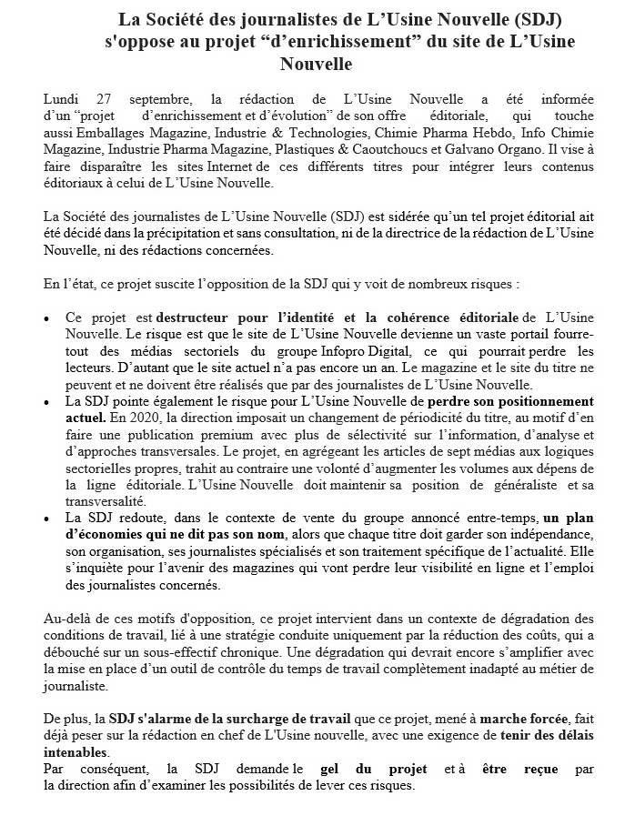 La Société des journalistes s'oppose au projet “d’enrichissement” du site de L’<a href="/usinenouvelle/">L'Usine Nouvelle</a>