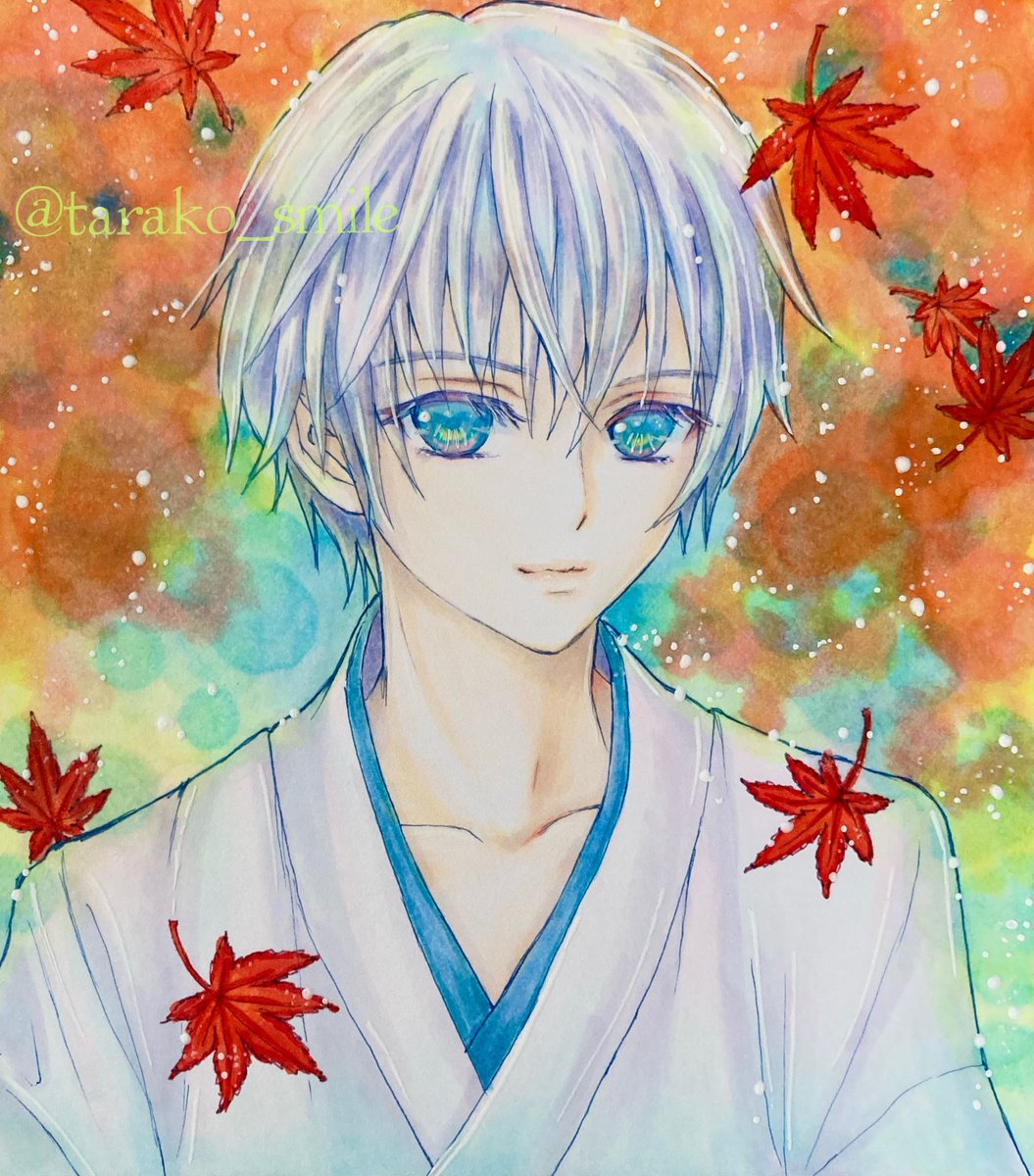 1boy male focus solo japanese clothes traditional media blue eyes white hair  illustration images