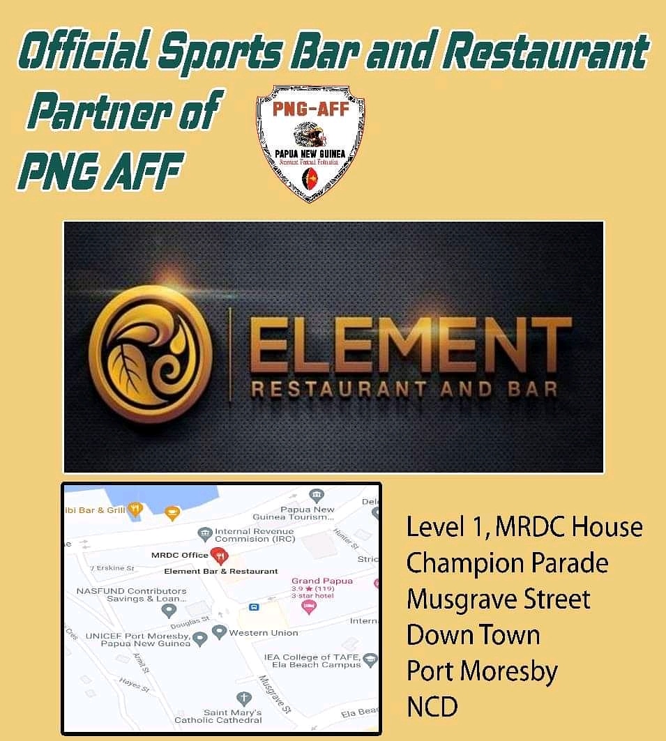 pngaff1's tweet photo. PNGAFF officially announce that Element Sports Bar is the official Sports Bar and restaurant partner of PNGAFF.
.
.
.
#ElementBar #Pngaff #partnership #AmericanFootball
π»π»πππππ΅π¬π΅π¬ https://t.co/Tuk6WBZSAQ