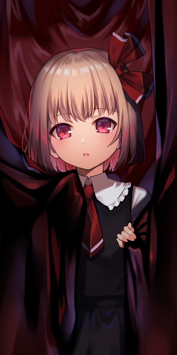 rumia 1girl solo blonde hair red eyes short hair curtain grab looking at viewer  illustration images