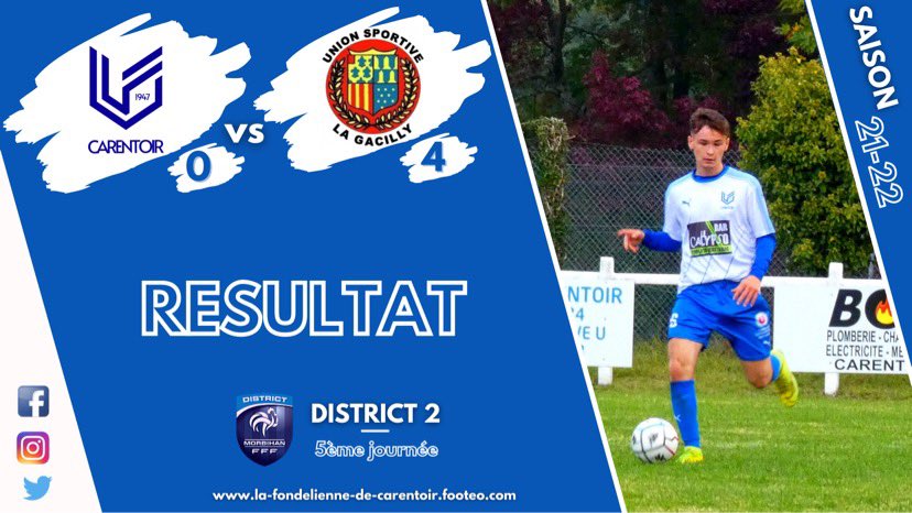 𝙍𝙚́𝙨𝙪𝙡𝙩𝙖𝙩𝙨 𝙙𝙪 𝙟𝙤𝙪𝙧 ⚽️ 

🏆 𝙲𝚑𝚊𝚖𝚙𝚒𝚘𝚗𝚗𝚊𝚝 𝙳𝟷
🆚 La Gacilly B  
➡️ 1-2 ❌

🏆 𝙲𝚑𝚊𝚖𝚙𝚒𝚘𝚗𝚗𝚊𝚝 𝙳𝟸
🆚 La Gacilly C 
➡️ 0-4 ❌

🏆 𝙲𝚑𝚊𝚖𝚙𝚒𝚘𝚗𝚗𝚊𝚝 𝙳𝟺
🆚 Pluherlin B
➡️ 4-3 ✅