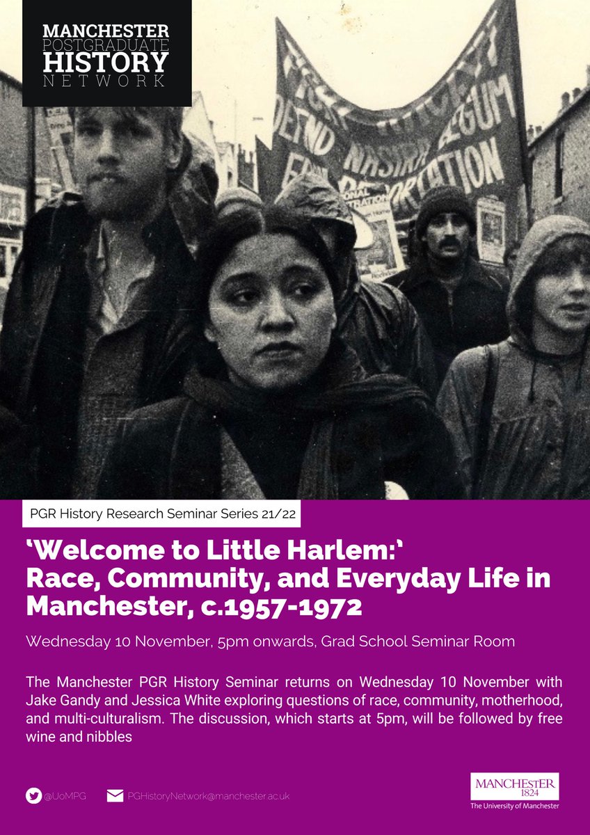 We’re back! 

Join @UoMhistdept’s PGR seminar with <a href="/JakeGandy98/">Jake Gandy</a> and Dr @Jesswhitehist this Wednesday from 5pm (Grad School conference room) followed by free wine/nibbles