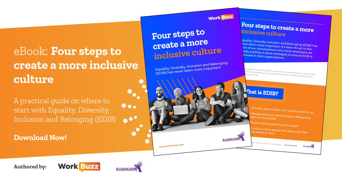 workbuzzd's tweet photo. Some great content coming your way!

Not sure where to start with your EDIB journey?🤔

Authored by our very own Mel Foster, and with insights from @ALeaderLikeMe, check out our brand new eBook on how to create a more inclusive culture: https://t.co/SszbdCffAN

#WorkBuzzeBook https://t.co/ImyKN0nm1d