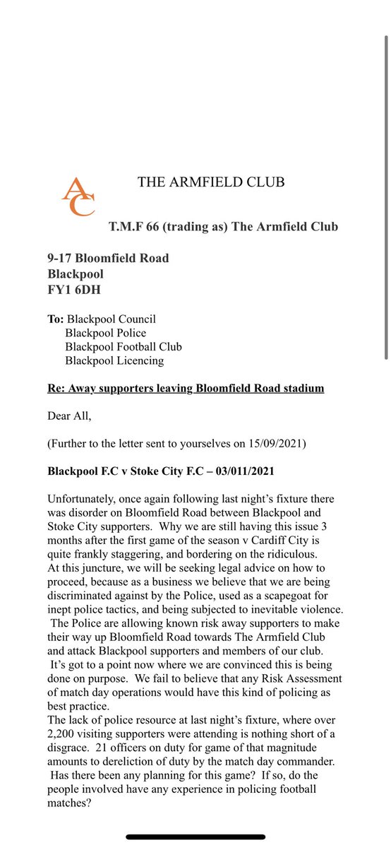 ArmfieldClub's tweet photo. We are also trying our best as a supporters club to get some sort of solution to this before someone is seriously hurt or god forbid is killed. Something needs sorting out @MuckersThe @BlackpoolST as the main recognised groups also need to stand against this policing. https://t.co/AdbJoT4BGE