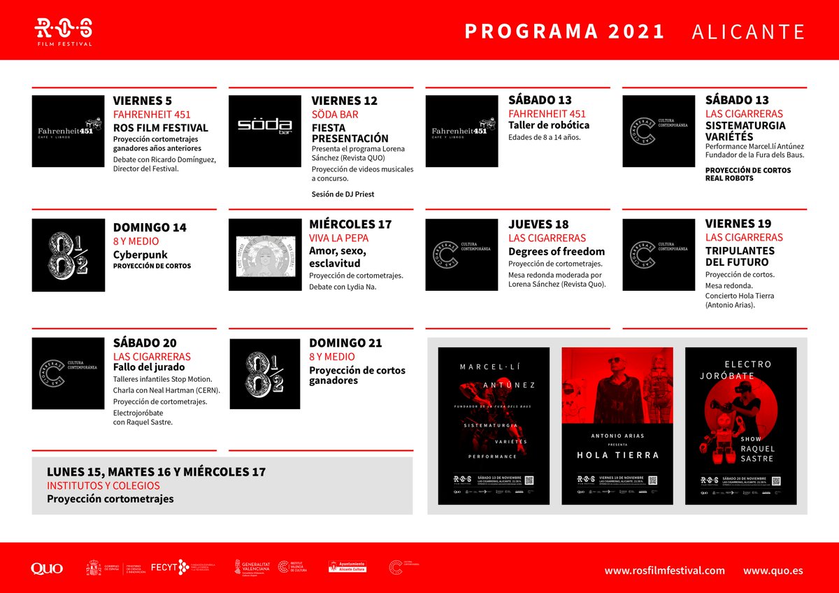rosfilmfestival's tweet photo. Friday - ROS FILM FESTIVAL presentation party at Söda Bar.
🙆 Plan the week! 👉 there will be concerts, workshops, screenings, talks, and more...
#rosfilmfestival #DegreesofFreedom #ROS2021
@QuoRevista @FECYT_Ciencia @l_caleidoscopio https://t.co/QnKLJYOucD