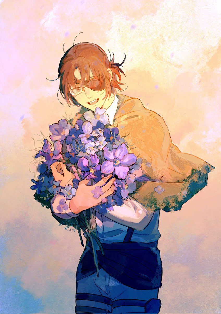 flower solo holding eyepatch brown hair 1boy smile  illustration images