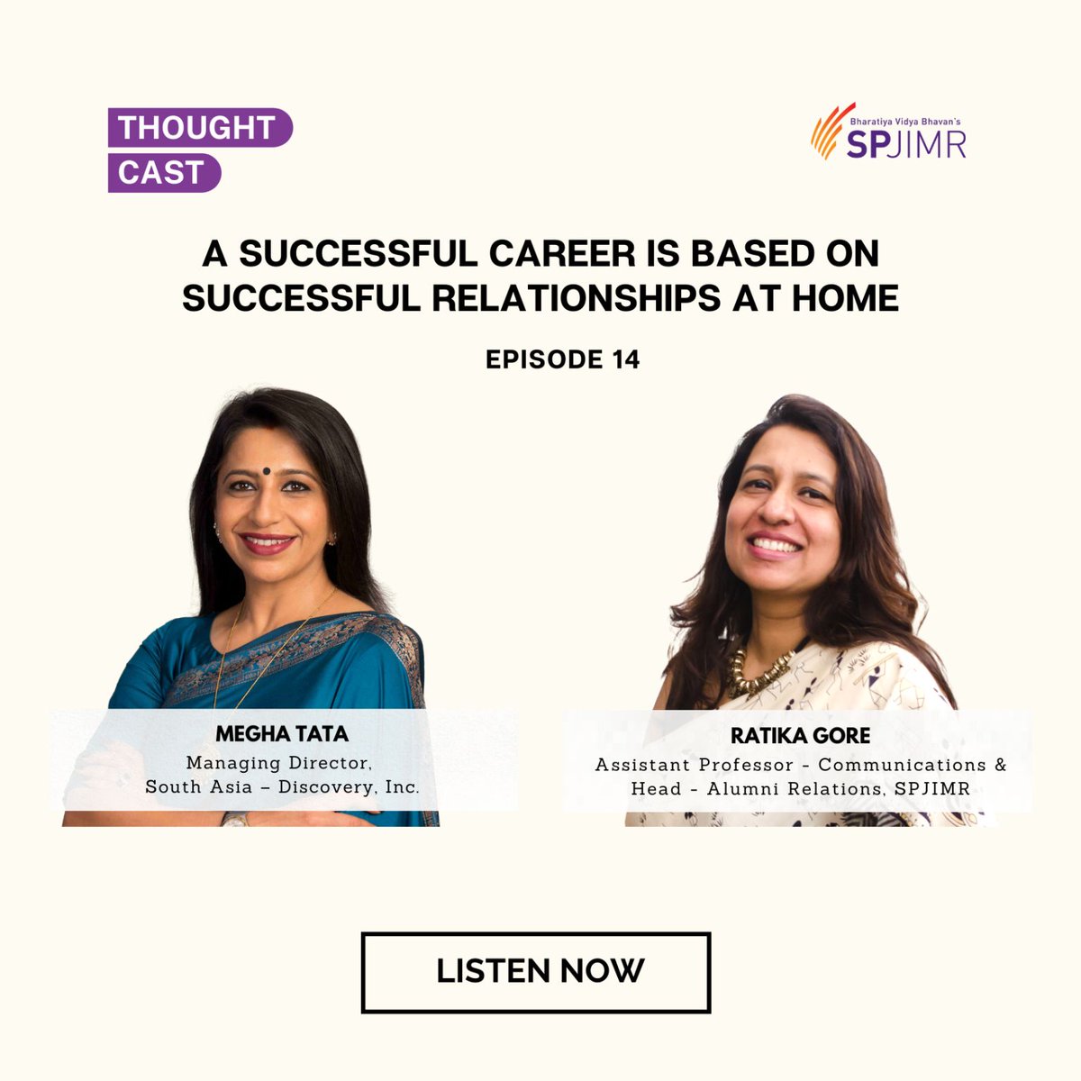 SPJIMRFPM's tweet photo. Megha Tata @mtata0503, Managing Director, South Asia – @DiscoveryIncTV reveals the five pillars of #success in the latest episode of ThoughtCast – the #SPJIMR Podcast with @RatikaPGore. Listen to it here: https://t.co/Wd1sHJsDs0

#media #leadership #career #Discovery #podcast https://t.co/fwPnXyMXdE