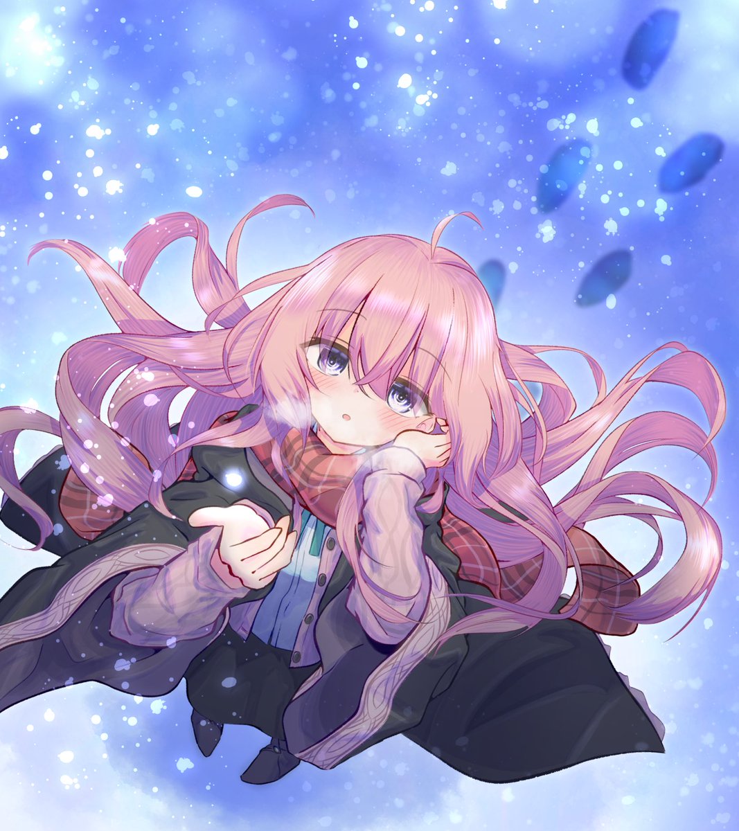 1girl long hair solo scarf pink hair looking up blush  illustration images