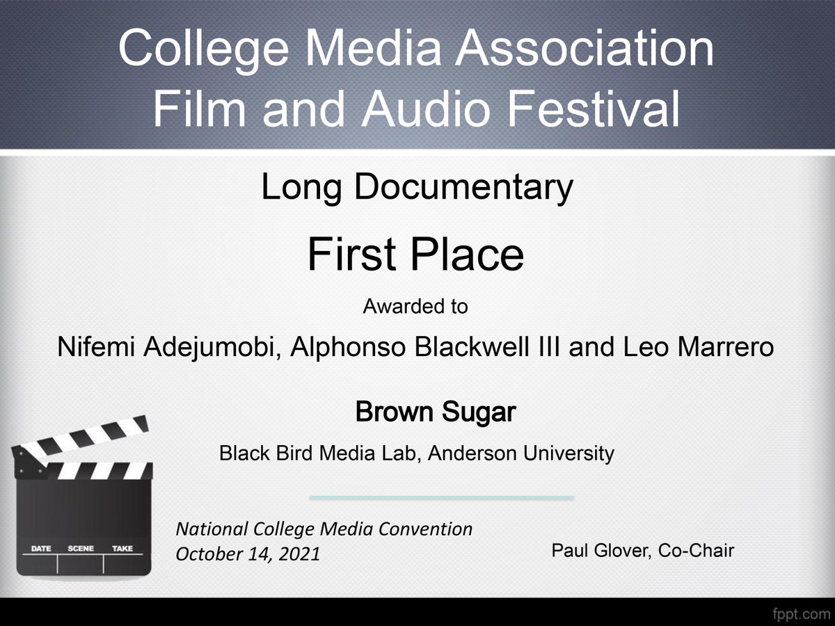 jacklugar's tweet photo. Brown Sugar does it again! Congratulation Nifemi, Alphonso, and Leo for your first-place documentary. #AUCommDesign @AndersonU #Indiana #filmschool https://t.co/TRhJyEZ6AF