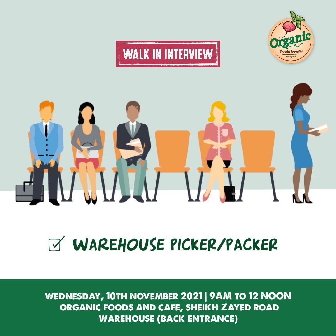 WE’RE HIRING! 🍃
✅ Drop by our warehouse on Sheik Zayed Road, Al Quoz for walk-in interviews on Wednesday, 10th November from 9AM to 12PM. 
#OrganicFoodsandCafe #WeareHiring #DubaiCareers #DubaiJobs #DubaiJobSeekers