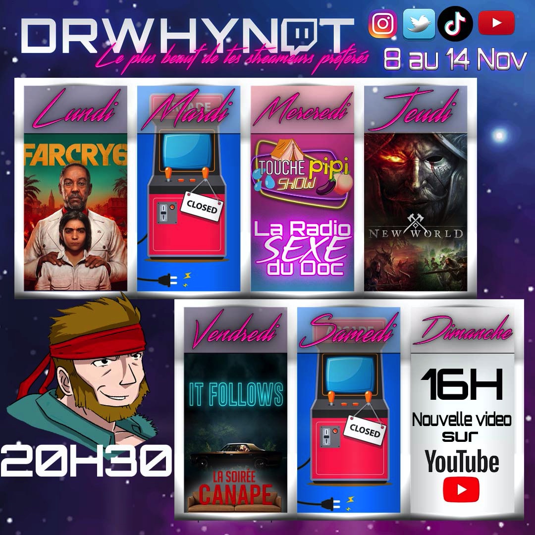 Dr_Why_Not's tweet photo. PLANNING DE LA SEMAINE
Lundi on retrouve Yara sur #FarCy6
Mercredi la #radiosexe 🍆 tant attendue
Jeudi rejoignez nous sur le serveur Jumala de #NewWorld
Vendredi Soirée ciné, #itfollows
Dimanche vidéo Youtube
#Twitch #Youtube #stream #live https://t.co/Y4LShB4DF0